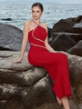 Elegant red halter neck evening gown with sparkling rhinestone accents and slim mermaid cut - Red