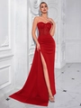 Robe de soirée bustier rouge à paillettes avec fente haute et design corset élégant - XS / Rouge (Style Fermeture Éclair)