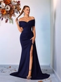 Elegantes marineblaues schulterfreies Abendkleid aus Satin mit Raffung und hohem Beinschlitz - S / Marineblau