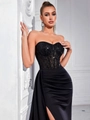 Robe de soirée bustier noire avec corsage en dentelle pailletée et fente haute - XS / Noir (Style Fermeture Éclair)