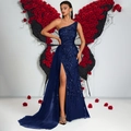 Robe de soirée asymétrique bleu marine à paillettes avec fente haute et traîne - Bleu marine