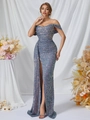 Robe de soirée à paillettes bleues avec épaules dénudées et fente haute pour un look chic - XS / Gris