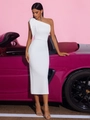 Elegantes weißes Satin-Midikleid mit One-Shoulder-Schnitt und großer Zierschleife - XS / Weiß