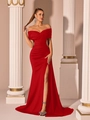 Elegantes rotes schulterfreies Satin-Abendkleid mit hohem Schlitz und schmaler Passform - XS / Rot