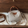 Beige nylon crossbody bag with brown leather handles and multi-layer storage compartments - Khaki