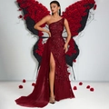 Élégante robe de soirée asymétrique bordeaux à paillettes avec fente et broderie florale - XS / Bordeaux
