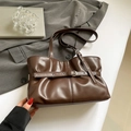 Dark brown pleated faux leather tote bag with vintage metal buckle and large capacity - Brown