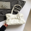 Chic cream white soft leather shoulder bag with adjustable belt buckle and silver eyelets - White