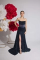 Dunkelblaues Pailletten-Abendkleid mit Korsett-Taille und hohem Beinschlitz - XS / Marineblau