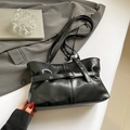 Lazy-style black soft leather shoulder bag with decorative belts and metal buckles - Black