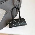 Retro black faux leather shoulder bag with silver star studs and white faux pearls - Black