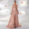 Elegante roségouden avondjurk met lovertjes, strapless met hoge split en slanke pasvorm - XS / Kersenbloesem Roze