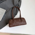 Retro dark brown pebbled leather shoulder bag with silver star rivets and long straps - Brown