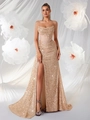 Robe de soirée à paillettes or rose, bustier corset et fente haute sur la jambe - Champagne