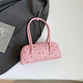 Pink vintage pebbled leather shoulder bag with silver star rivets and long handles - Pink