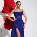 Robe de soirée élégante bleu marine à paillettes avec fente haute et bustier baleiné - Bleu saphir