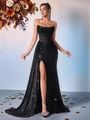 Robe de soirée élégante à paillettes noires avec bustier corset et fente haute - Noir