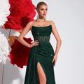 Robe de soirée élégante à paillettes vert émeraude avec corset et fente haute - Vert Foncé