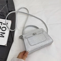 Detailansicht der silbernen Pailletten-Handtasche mit Wellenstruktur und Drehverschluss - Glitzernde Wellen