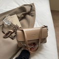 Beige wrinkled texture baguette bag with silver chain strap and ZSKE logo detail - Khaki