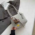 Minimalist light green tote bag with brown mini pouch charm and yellow smiley face pendant - With Charm / Gray