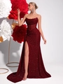 Robe de soirée moulante à paillettes bordeaux avec haut corset et fente haute - Bordeaux