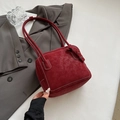 Minimalist red suede tote bag with white contrast stitching and slim shoulder straps - No Pendant / Red