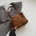 Brown suede tote bag with white contrast stitching and long double straps for women - No Pendant / Brown