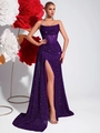 Robe de soirée moulante à paillettes violettes, bustier corset et fente haute sur la jambe - Bleu Violet