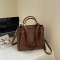 Vintage dark brown textured PU leather handbag with adjustable strap and gold hardware - Brown (Without Pendant)