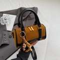 Ginger yellow suede Boston bag with wooden beaded pendant and black leather strap - Brown with Pendant