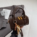 Retro dark brown barrel bag in matte suede with wooden bead charm and gold zippers - Coffee with Pendant