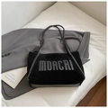 Minimalist black tote bag in suede texture with large white MOACHI contrast stitching details - Black with Pendant