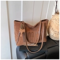 Brown suede tote bag with large MOACH embossing and cute elephant charm accessory - Brown with Pendant