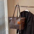 Large capacity dark brown tote bag with bear pendant and leather texture finish - Coffee with Pendant