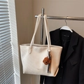 Cream large capacity tote bag with pleated texture and brown teddy bear charm - Beige With Charm