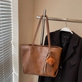 Brown large capacity tote bag with plush dog charm and fashion trend logo on front - Brown with Pendant