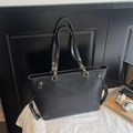 Minimalist black PU leather tote bag with gold hardware for office and daily use - No Pendant / Black