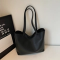 Minimalist black lychee texture leather tote bag with long straps for underarm carry - Black without Pendant