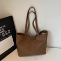 Minimalist brown lychee leather tote bag with long handles for shoulder or hand carry - Brown No Pendant