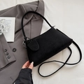 Minimalist black faux suede shoulder bag with detachable mini round pouch and silver hardware - Coffee
