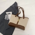 Borsa tote in tela minimalista con finiture in pelle marrone e chiusura dorata - Marrone