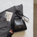 Classic black litchi grain leather handbag for women with dual top handles and long strap - Black without Pendant