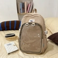 Beige student backpack with transparent PVC pocket for aesthetic pins and badges - Khaki Without Doll