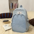Light blue Japanese style student backpack with white mesh pocket and NANA HELLO label - Blue Without Doll