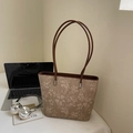Retro beige tote bag with brown leaf patterns and leather handles in office setting - No Pendant / Brown