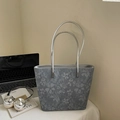 Gray floral canvas tote bag with long silver handles and spacious interior design - No Pendant / Light Blue