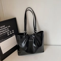 Minimalist black tote bag with glossy pleated finish and silver ring strap detail - Black without Pendant