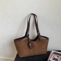 Detail of brown suede tote bag with leather straps and metal hardware adjustment - Brown