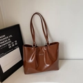 Brown vintage glossy faux leather tote bag with silver hardware and shoulder strap - Brown No Pendant